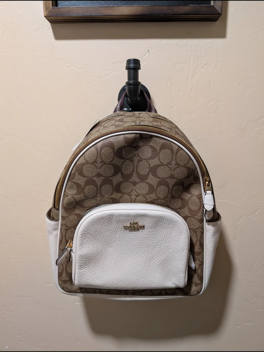 NWT coach Signature Canvas Brown Tan and White/Cream Leather Backpack